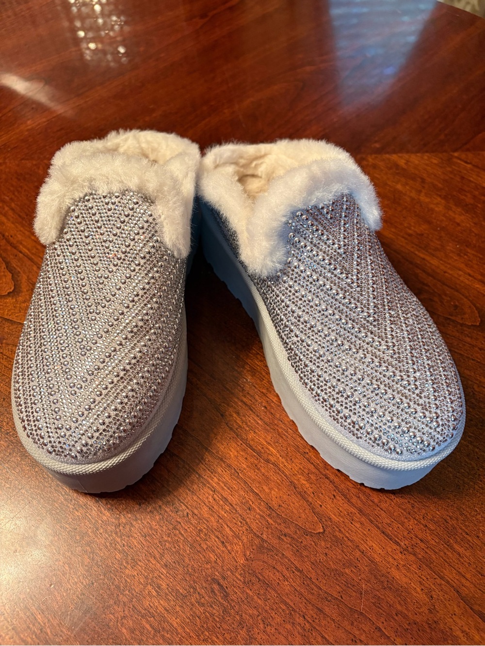 Vintage Havana Silver Rhinestone Faux-Fur Slip-On Mules